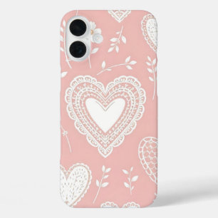 COQUES iPhone 16 PLUS ROSE PASTEL AUX COEURS BLANCS ET FLEURS