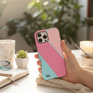 Coques iPhone 16 Pro Max Rose pastel et bleu abstrait monogrammé moderne