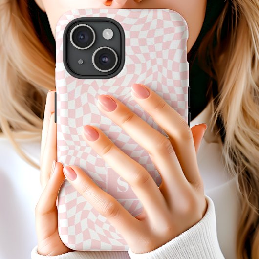 Coques Case-Mate iPhone Rose Pastel Gingham Ondulé Monogrammé