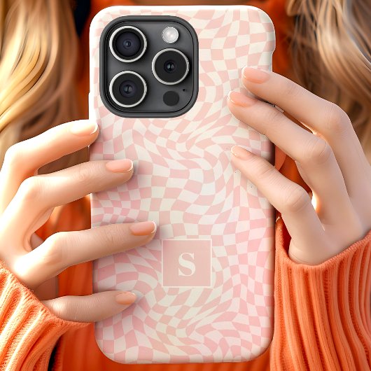 Coques Case-Mate iPhone Rose Pastel Gingham Ondulé Monogrammé