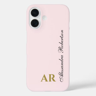 Coques iPhone 16 Rose pastel Monogramme Élégant Or Noir