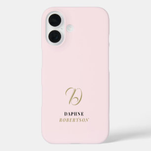 Coques iPhone 16 Rose pastel Monogramme Or Initial Noir Élégant Chi