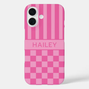 Coques iPhone 16 Rose personnalisé à carreaux et rayures