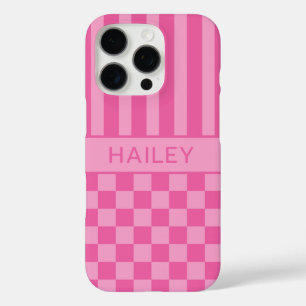 Coques iPhone 16 Pro Rose personnalisé à carreaux et rayures
