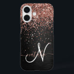 Coques iPhone 16 Rose personnalisé Parties scintillant or noir Étin<br><div class="desc">Personnalisez facilement ce design élégant et branché d'étui téléphonique avec une jolie parties scintillant brillante en or rose sur un arrière - plan métallique brossé noir.</div>