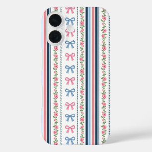 Coques iPhone 16 Rose Préparatoire Bleu Coquette Nœuds Florales Ray