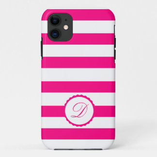 Coque iPhone 11 Rose rayé blanc personnalisé monogramme