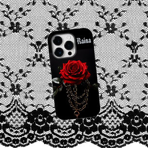 Coque Pour iPhone 14 Pro Rose rouge dans Chains Goth