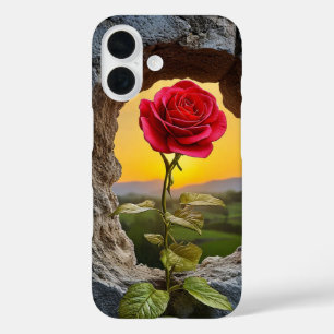 Coques iPhone 16 Rose rouge dans mur de pierre floral vintage natur