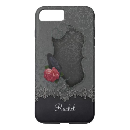 Coques Case-Mate iPhone Rose rouge de Raven de damassé de noir gris noir (Dos)