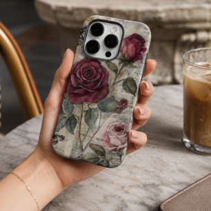 Coques iPhone 16 Pro Rose rouge et papillon shabby chic vintage