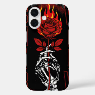 Coques iPhone 16 Rose Rouge Flamboyante et Main de Crâne Urbaine Gr