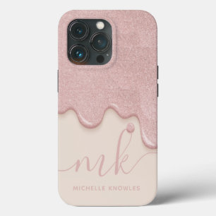 Case-Mate iPhone Case Rose Tan Glitter Drip Monogramme et Nom en Or Rosé