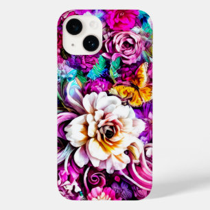 Coque Pour iPhone 14 Rose violet bleu Turquoise blanc Jardin Fleurs Ima
