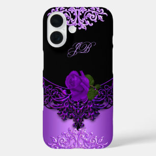 Coques iPhone 16 Rose Violet Broderie Florale Noir