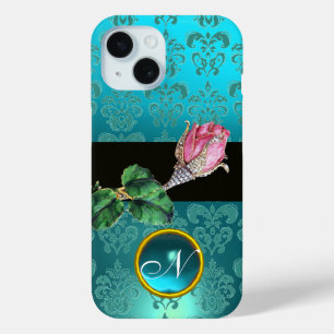 COQUE POUR iPhone 15 ROSEBUD ROSE ROSE, BLEU TURQUOISE DAMASK GEM MONOG