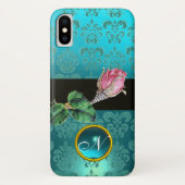 COQUES Case-Mate iPhone ROSEBUD ROSE ROSE, BLEU TURQUOISE DAMASK GEM MONOG (Dos)