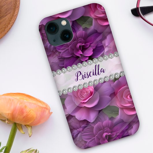 Coques Case-Mate iPhone Roses 3D violets et roses, cadre diamant personnal