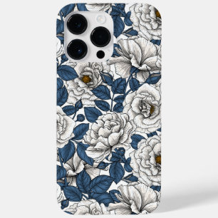 Coque Pour Pour iPhone 14 Pro Max Roses blanches avec feuilles bleus sur blanc