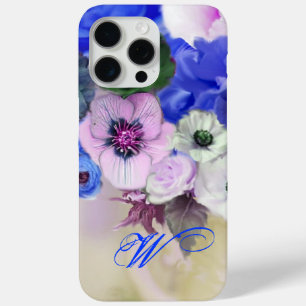 COQUE iPhone 15 PRO MAX ROSES BLANCHES BLEUES ET FLEURS ANÉMONE MONOGRAMME