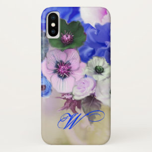 COQUE Case-Mate POUR iPhone ROSES BLANCHES BLEUES ET MONOGRAMME DES FLEURS D'A