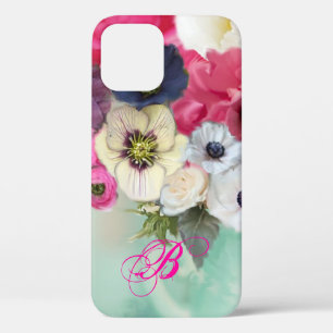 COQUE iPhone 12  ROSES BLANCHES ET FLEURS D'ANÉMONE MONOGRAMME