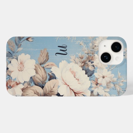 Coques Case-Mate iPhone Roses blanches sur Arrière - plan bleu rustique av (Verso (horizontal))