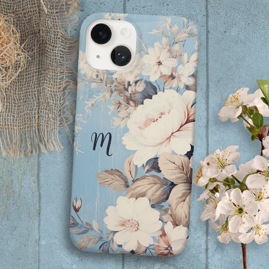 Coques Case-Mate iPhone Roses blanches sur Arrière - plan bleu rustique av