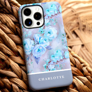 Coques iPhone 16 Pro Max Roses Bleu tendance Nom personnalisé Floral