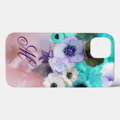 Coques Case-Mate iPhone ROSES BLEU turquoises, MONOGRAMME DES FLEURS D'ANÉ (Verso (horizontal))