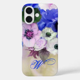 COQUES iPhone 16  ROSES BLEUES BLANCHES ET FLEURS D'ANÉMONE MONOGRAM