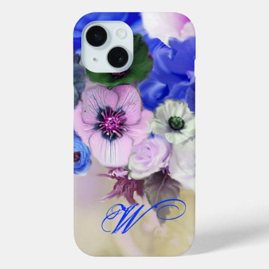 COQUES Case-Mate iPhone ROSES BLEUS BLANCS ET FLEURS D'ANÉMONE MONOGRAMME (Verso)