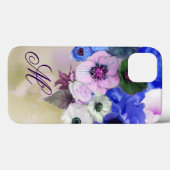 COQUES Case-Mate iPhone ROSES BLEUS, MONOGRAMME DE FLEURS D'ANÉMONE BLANC  (Verso (horizontal))