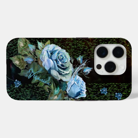 Coques Case-Mate iPhone Roses bleus sur noir (Verso (horizontal))