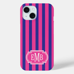 Coque Pour iPhone 15 Roses chauds et rayures monogrammées bleu marine
