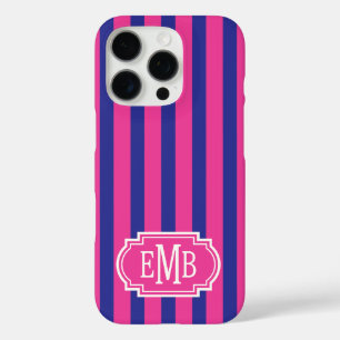 Coques iPhone 16 Pro Roses Chauds et Rayures Monogrammées Bleu Marine