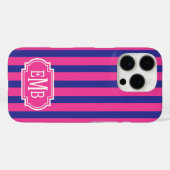 Coques Case-Mate iPhone Roses Chauds et Rayures Monogrammées Bleu Marine (Verso (horizontal))