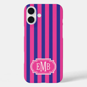 Coques iPhone 16 Plus Roses Chauds et Rayures Monogrammées Bleu Marine