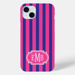 Coque iPhone 15 Mini Roses chauds et rayures monogrammées bleu marine