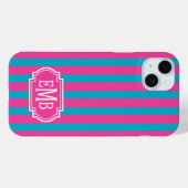 Coques Case-Mate iPhone Roses Chauds et Rayures Monogrammées Turquoise (Verso (horizontal))