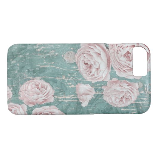 Coques Case-Mate iPhone Roses Chic Shabby Sur Bois Bleu Sombre Démangé (Dos (Horizontal))