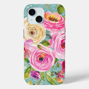 Coque Pour iPhone 15 Roses d'aquarelle en Parties scintillant Aqua Crèm