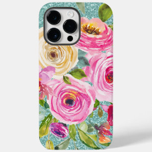 Coque Pour Pour iPhone 14 Pro Max Roses d'aquarelle en Parties scintillant Aqua Crèm