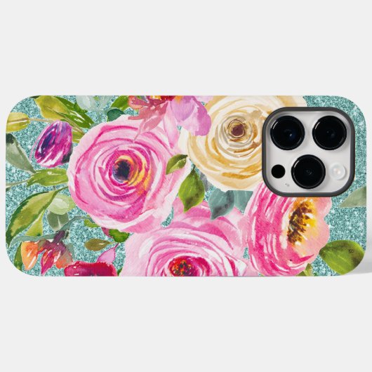Coques Case-Mate iPhone Roses d'aquarelle en Parties scintillant Aqua Crèm (Verso (horizontal))