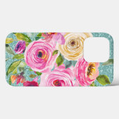 Coques Case-Mate iPhone Roses d'aquarelle en Parties scintillant Aqua Crèm (Verso (horizontal))