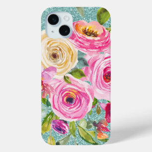 Coque iPhone 15 Mini Roses d'aquarelle en Parties scintillant Aqua Crèm