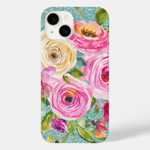 Coque Pour iPhone 14 Roses d'aquarelle en Parties scintillant Aqua Crèm