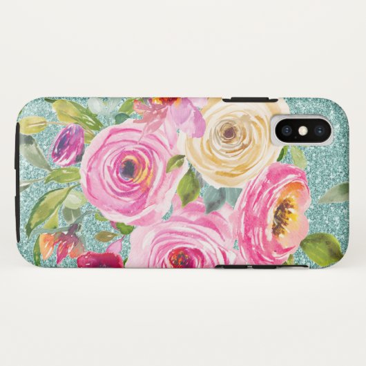Coques Case-Mate iPhone Roses d'aquarelle en Parties scintillant Aqua rose (Dos (Horizontal))