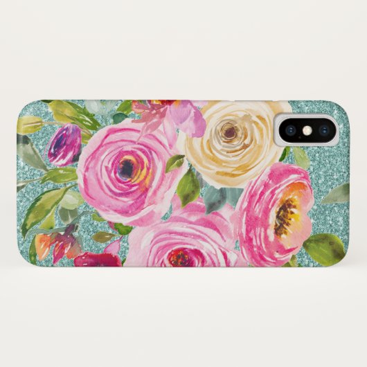Coques Case-Mate iPhone Roses d'aquarelle en Parties scintillant Aqua rose (Dos (Horizontal))