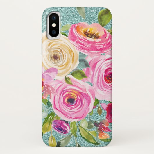 Coques Case-Mate iPhone Roses d'aquarelle en Parties scintillant Aqua rose (Dos)